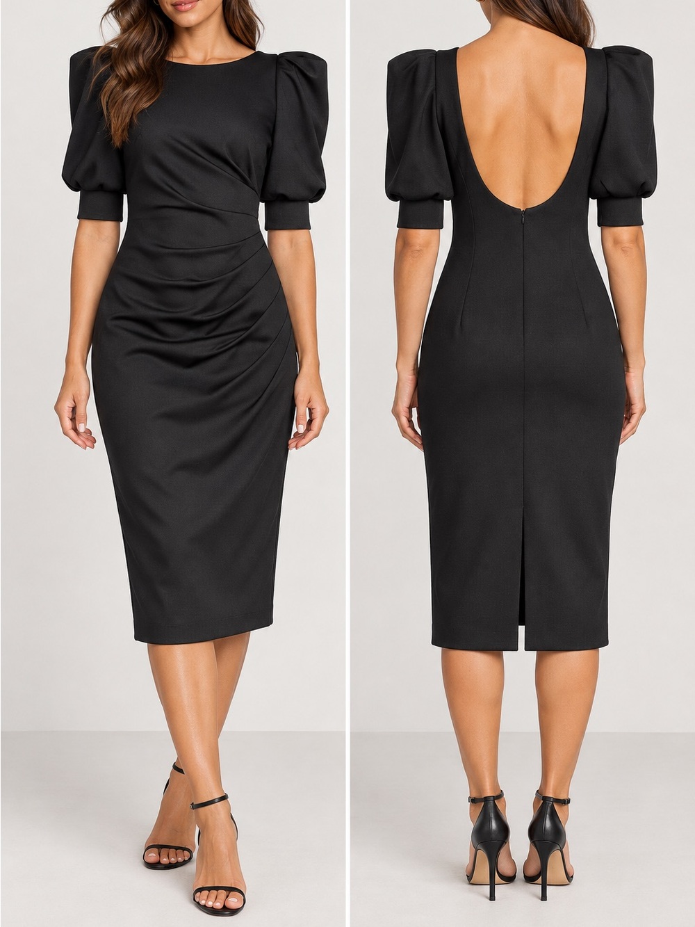 Black Halo Black Zella Satin Scoopback Puff Sleeve Cocktail Dress